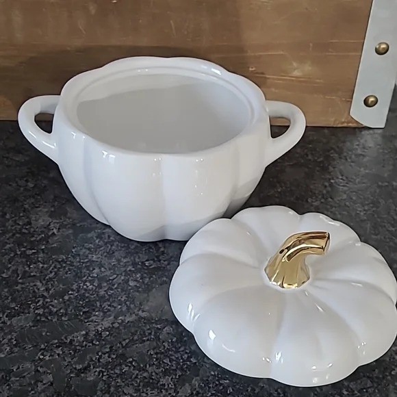 White Ceramic "Pumpkin" Shaped .8 Quart Dip/Soup Dish with Lid - Picture 8 of 13